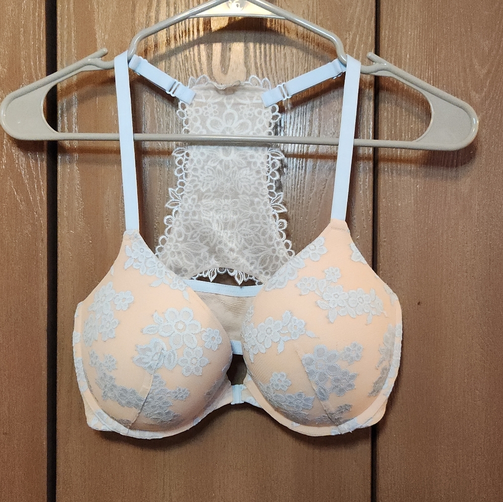 Victoria's Secret PINK Bra 32DD Push Up Front Close Light Blue Floral Underwire